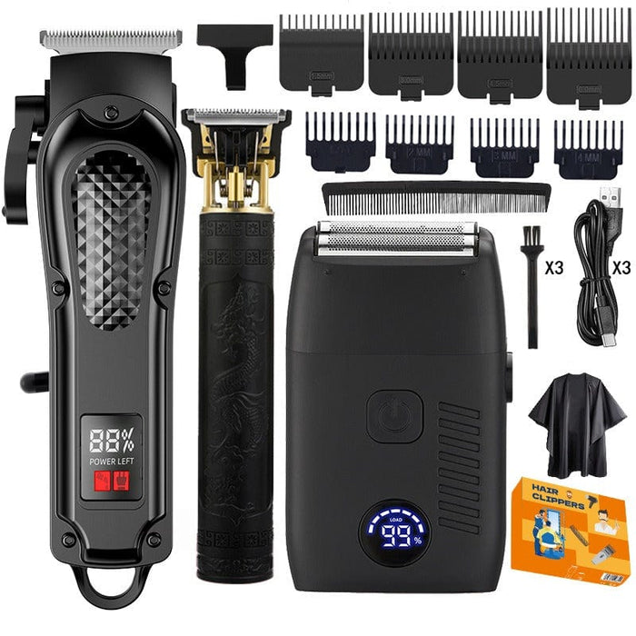 Skäggtrimmer, hårtrimmer och rakapparat i professionellt grooming-set från Kroppsbutiken