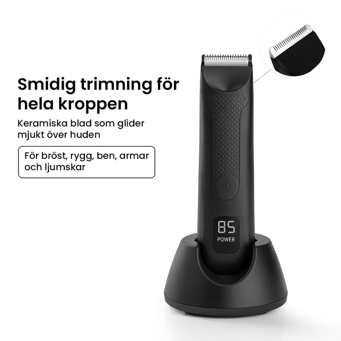 Svart, vattentät kroppshårstrimmer med laddningsstation. Den inbäddade bilden visar det keramiska skärbladet.