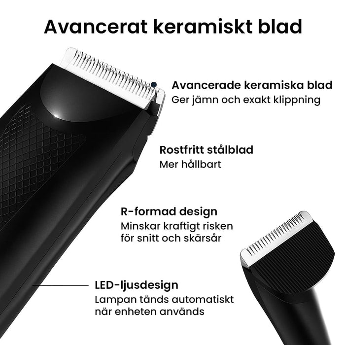 Närbild på Kroppsbutikens kroppshårstrimmer med keramiska blad, rostfritt stål och LED-lampa.