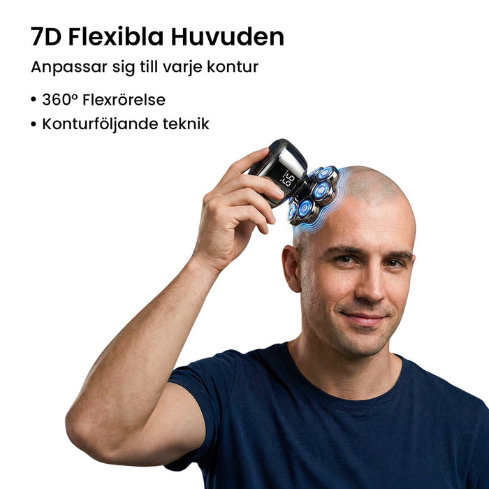 En man som rakar huvudet med en 7D-huvudrakapparat.