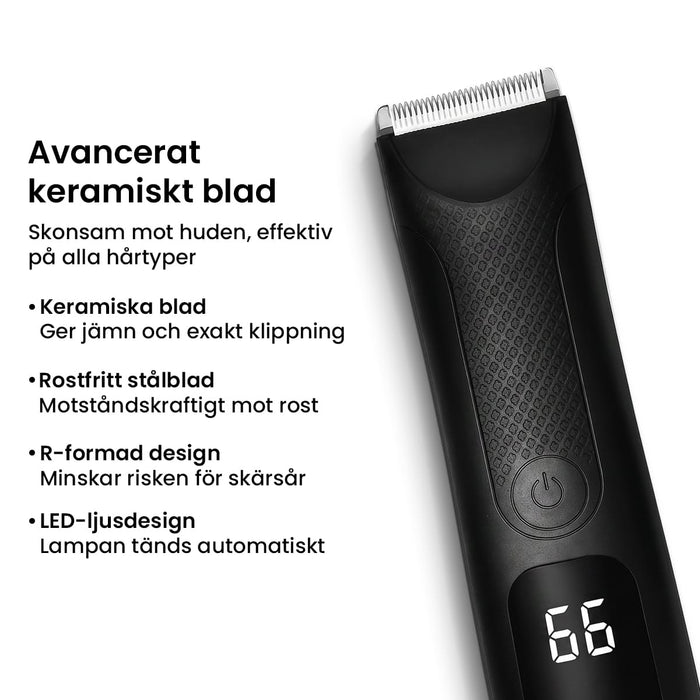 Svart kroppshårstrimmer från Kroppsbutiken med keramiska blad, LED-belysning, digital batterinivåindikator och vattentålig design.