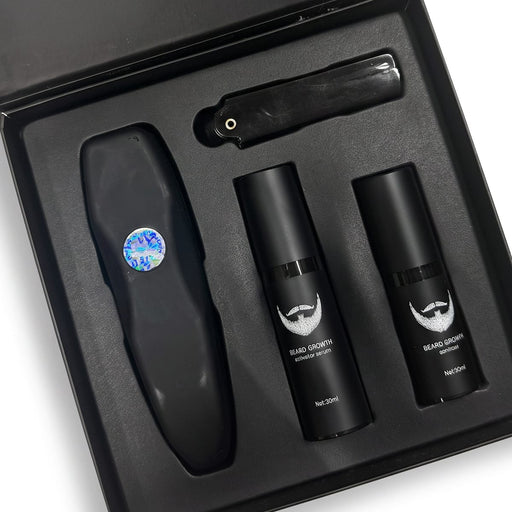 Ett fyrdelat set för skäggvård, inklusive serum och mikronålrulle i en svart ask.