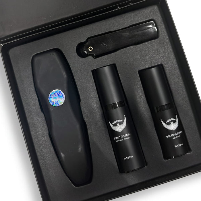 Ett fyrdelat set för skäggvård, inklusive serum och mikronålrulle i en svart ask.