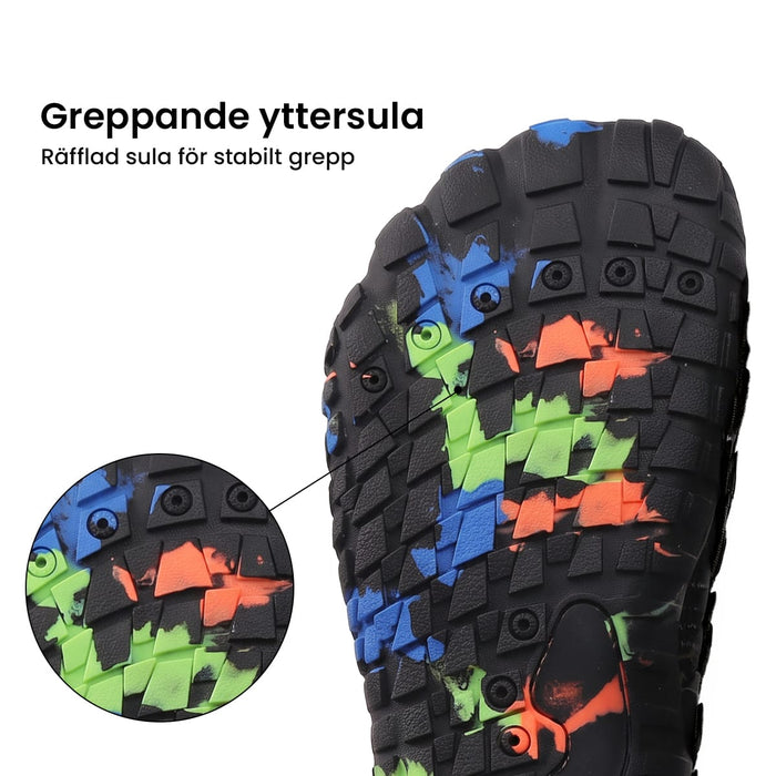 Närbild på ett par barfotaskor för barn från Kroppsbutiken med rejäl sula och djupa räfflor som ger grepp och stabilitet.