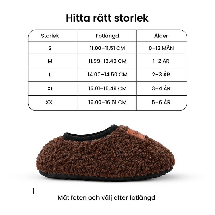 En storleksguide på svenska för barnskor med halkfri sula visas ovanför skon, inklusive mått.