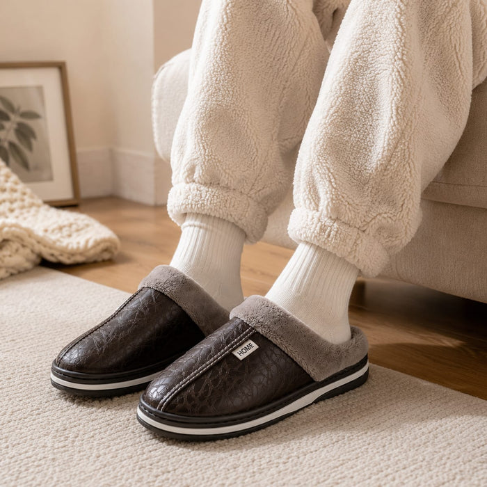 En person i fleecebyxor och vita strumpor har på sig fodrade läderskor och sitter på en beige soffa.