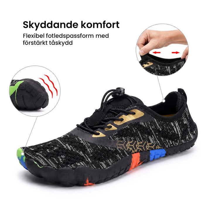 Svart barnsko med färgglad sula, förstärkt tå samt flexibel och dränerande konstruktion.