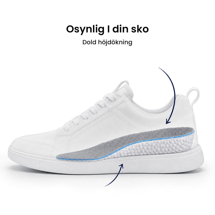 Vit sneaker med grå inläggssula, pilar markerar dold skoförhöjning, svensk text högst upp.