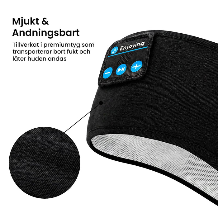 Svart pannband med inbyggda Bluetooth-hörlurar, kontrollpanel och närbild på tygets struktur.