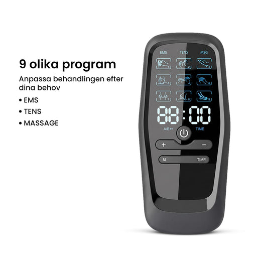 Muskelstimulator i svart med display och knappar, med 9 program för TENS, EMS och massage.