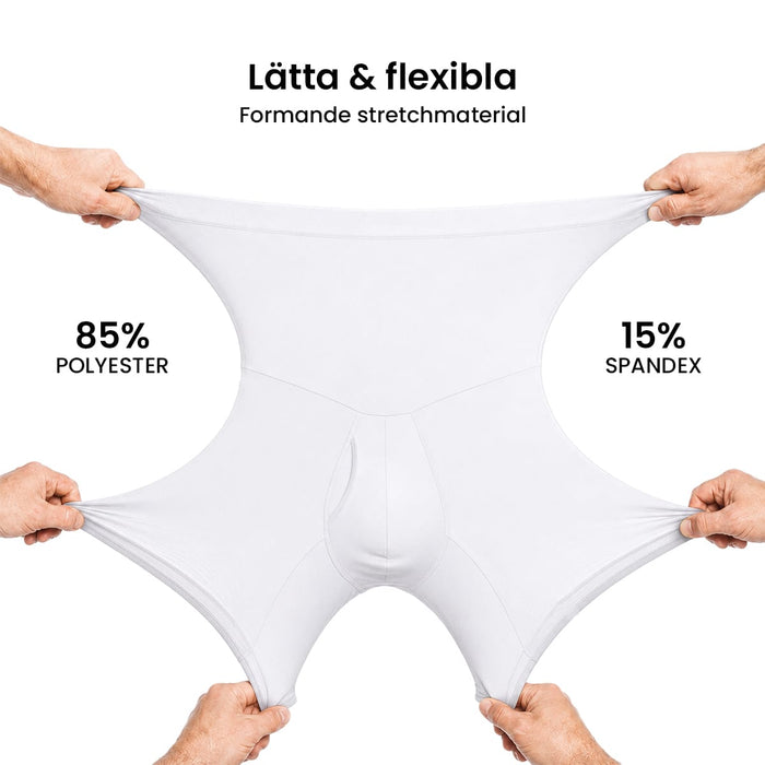 Fyra händer sträcker ut vita kompressionsshorts från Kroppsbutiken, tillverkade av 85  polyester och 15  spandex.