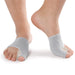 Två grå tåskydd för hallux valgus med inbyggda tåspridare, fotograferade mot vit bakgrund.