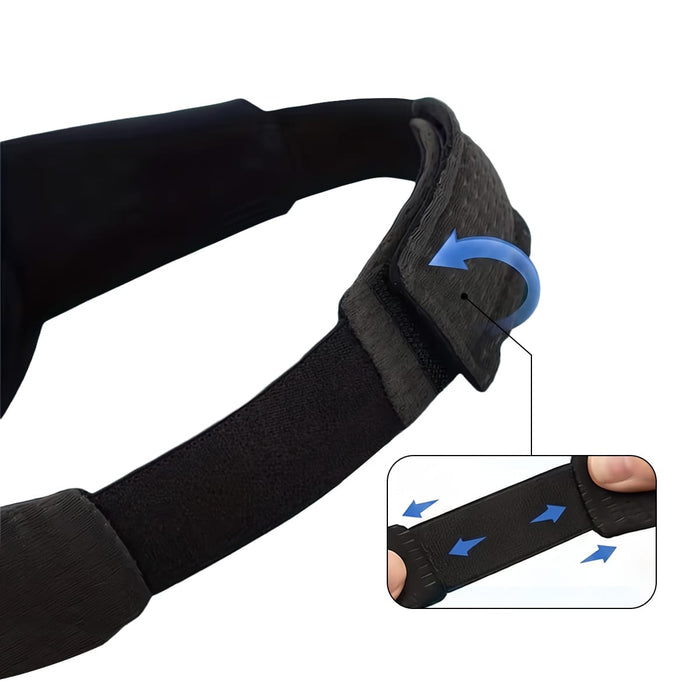 3D-sömnmask med svart, justerbart kardborreband. Detaljbilden visar händer som formar minnesskummet för optimal passform.