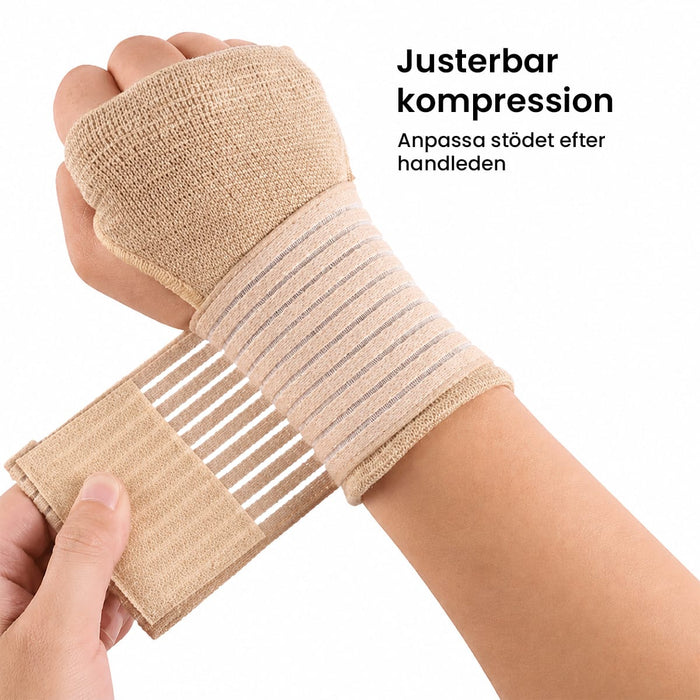 Vid överansträngning lindar man ett elastiskt kompressionshandledsstöd runt handleden.
