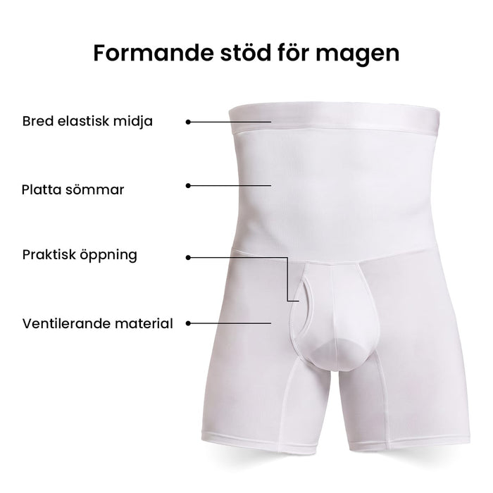 Vita högmidjade kompressionsshorts med logotyp, avbildade mot vit bakgrund.