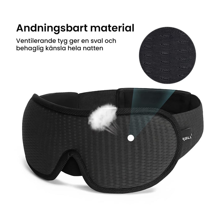 Svart 3D-sömnmask med svenskt tryck, memory foam och ventilerande material för ökad komfort.