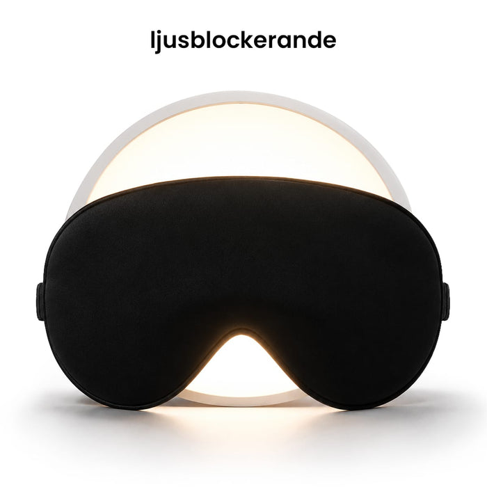 Svart silkesögonmask från Kroppsbutiken dämpar ljuset; texten ”ljusblockerande” syns ovanför.