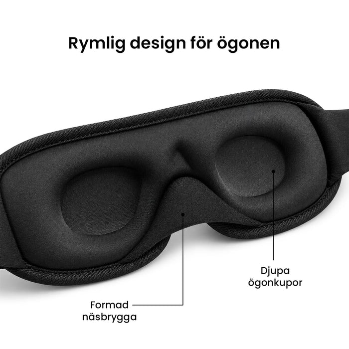 3D-sömnmask i memory foam med djupa, formade ögonhålor och konturerad näsbrygga.