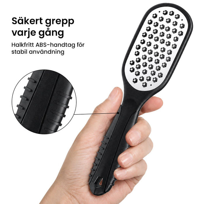Fotfil med rostfritt blad och greppvänligt ABS-handtag, utformad för noggrann fotvård.