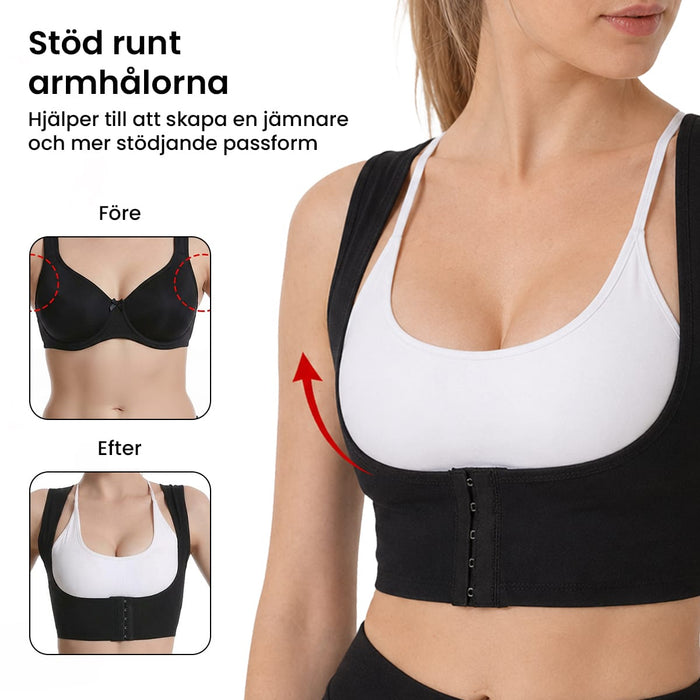 En kvinna med ett justerbart hållningsband från Kroppsbutiken över en vit behå visar förbättrad hållning före och efter.