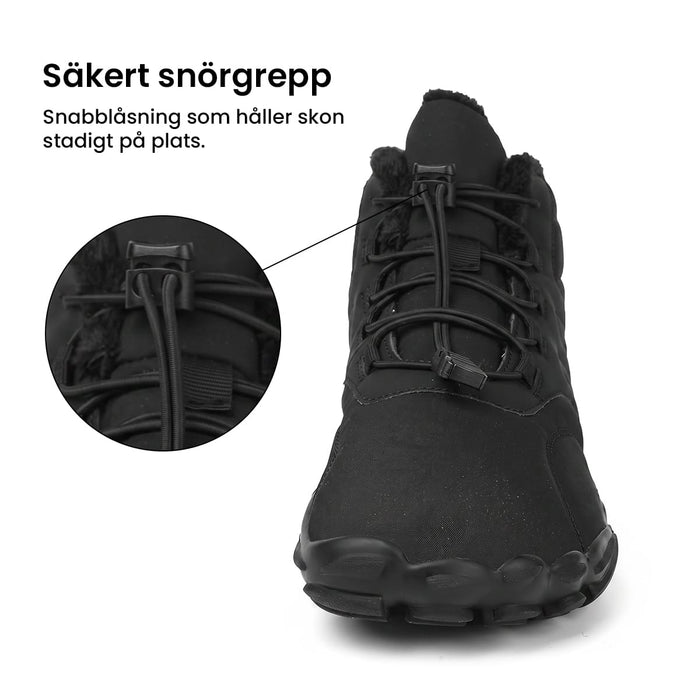 Svart vintermodell av barfotasko med praktiskt snörningssystem och närbild på den säkra snörlåset.