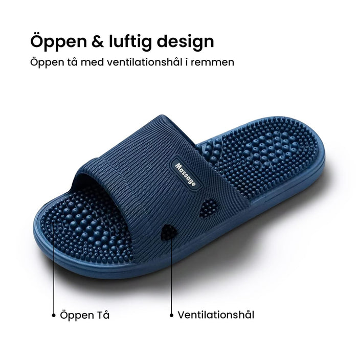 Blå zonterapitoffla med öppen tå, luft hål och räfflad sula för punktmassage under foten.