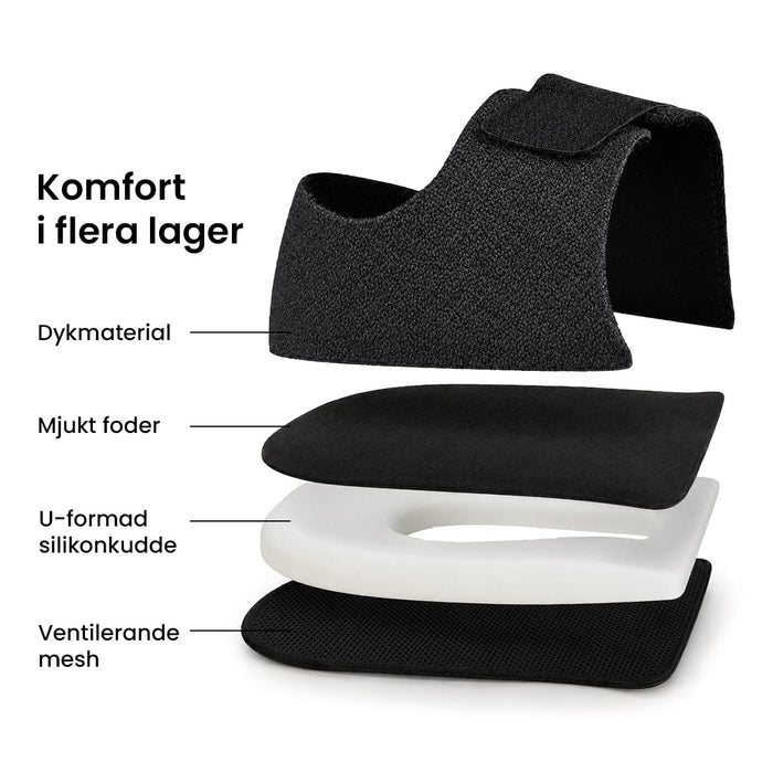 Hälkudde med fyra lager för ökad komfort och avlastning vid hälsporre. Levereras i par.