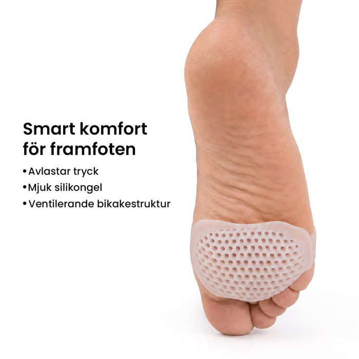 Trampdyna och gel för dämpning och komfort i framfoten, mjuk och ventilerande konstruktion.