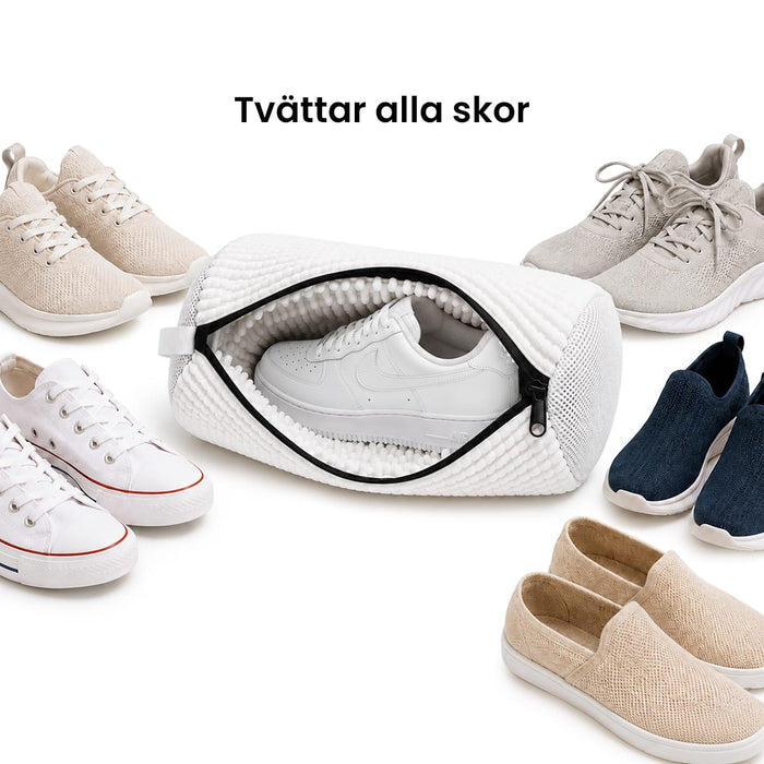 Sex par skor placerade runt Kroppsbutikens tvättpåse för skor. Text: Tvättar alla typer av skor.