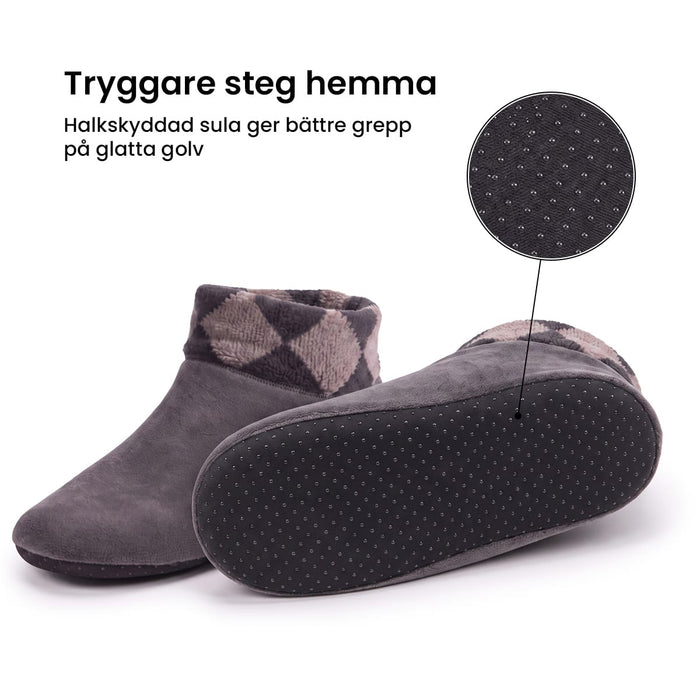 Varma inneskor med halkskydd; en toffel står upprätt och en visar sin prickiga sula.