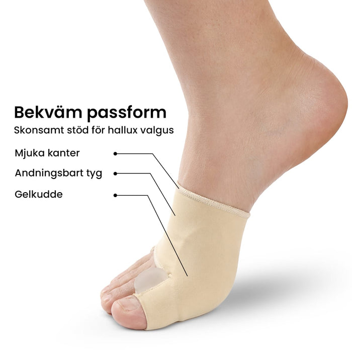 Tofflor med tåskydd mot hallux valgus, mjuka kanter, ventilerande material och inbyggd gelkudde.