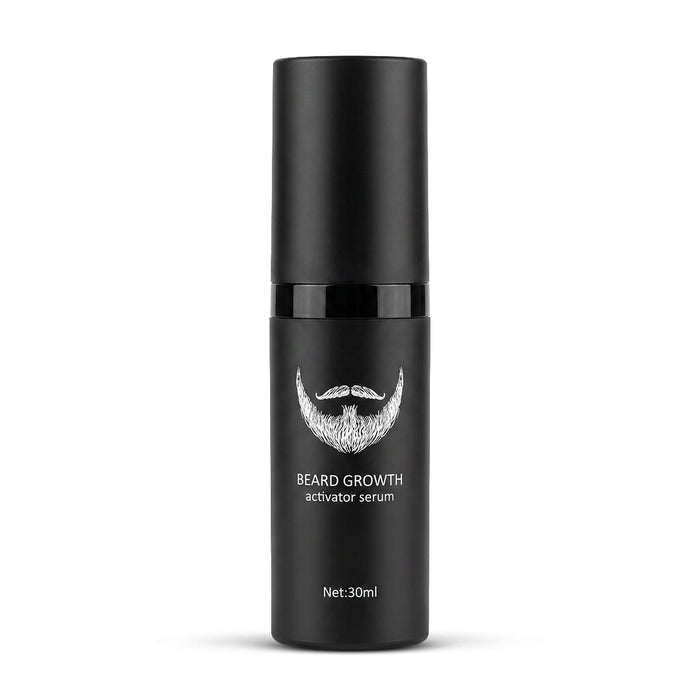 Fyrdelat skäggvårdsset med svart serum (30 ml) och vit skäggsymbol, för skäggtillväxt och skäggvård.