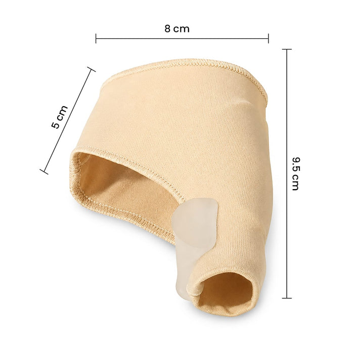 Tåskydd med gelkudde för hallux valgus, skyddar och avlastar. Mått anges i centimeter.