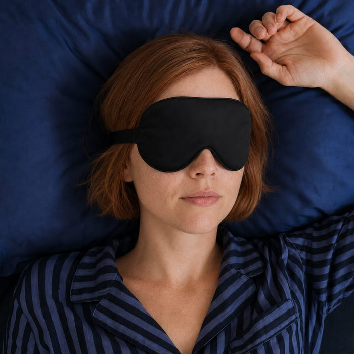 En person med rött hår vilar på en blå kudde och har en ögonmask av siden samt randiga pyjamas på sig.