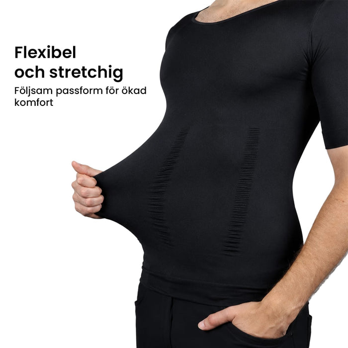 En man tar fram en tröja från Kroppsbutiken; en svensk text beskriver dess flexibilitet och komfort.